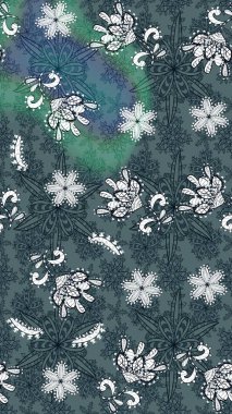 Yeşil ve mavi renklere karalamalar çizilmiş çiçek deseni. Raster illüstrasyonu.