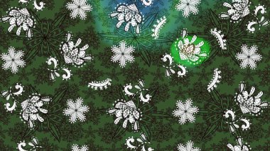 Çiçek desenli çizim. Yeşil ve gri renkli çiçekler. Raster illüstrasyonu. Raster illüstrasyonu. Asya tekstil tarzında.