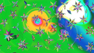 Eskiz arkaplan modeli. Raster - stok. Yapraklı çiçekler ve yeşil ve mavi renkli papatya çiçekleri..