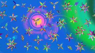 Raster illüstrasyonundaki çiçek desenli çizim. Mavi ve yeşil renkli çiçekler. Düz Çiçek Elementleri Tasarımı. Renkli Yaz Teması çizim şablonu.