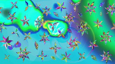 Mavi ve yeşil renkte etnik çiçeklerle süslenmiş zarif bir eskiz şekli. Asya Tekstil 'inde Raster Çiçek İllüstrasyonu.