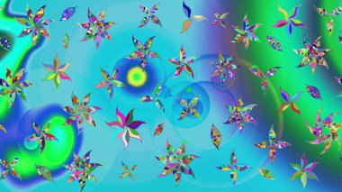 Düz Çiçek Elementleri Tasarımı. Çiçekli çiçek deseni, suluboya. Raster illüstrasyonu. Renkli Bahar Teması eskiz kalıbı. Mavi ve yeşil renkte çiçekler.