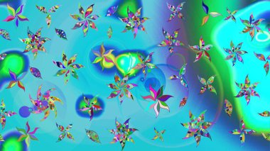 3D çiçekler, eskiz. Raster illüstrasyonu. Mavi ve yeşil renklerde.