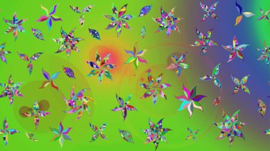 Raster illüstrasyonu. Şirin çiçek elementleri. Robot resim. Yeşil ve mor renkte çiçekler.