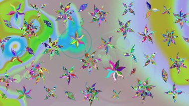 Renkli grunge, koloni ve gri çiçeklerle soyut bir arka plan oluşturur. Parmak izi, kumaş, duvar kâğıdı, tekstil için raster dokusu. Nakış desenli çiçek deseni..