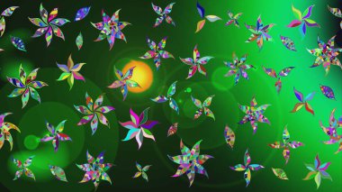 Raster illüstrasyonu. Yeşil ve gri renklere karalamalar çizilmiş çiçek deseni.