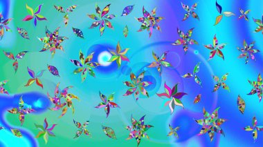 Raster. Mavi ve yeşil renkli güzel çiçekli eskiz deseni, suluboya çiçek deseni, duvar kağıdı, kart veya kumaş için fayanslı.