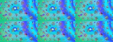 Raster illüstrasyonu. Raster illüstrasyonu. Çiçek desenli çizim. Asya tekstil tarzında. Mavi ve yeşil renkte çiçekler.