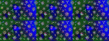 Raster illüstrasyonundaki çiçek desenli çizim. Mavi ve yeşil renkte çiçekler.