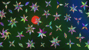 Raster illustration. Raster floral pattern in doodle style with flowers. Gentle, spring floral on blue and green colors.