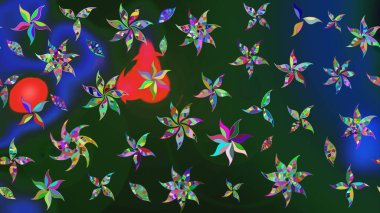 Parmak izi, kumaş, duvar kâğıdı, tekstil için raster dokusu. Renkli grunge, soyut arkaplanı kolomavi ve yeşil çiçeklerle süslüyor. Nakış desenli çiçek deseni..