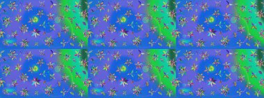 Raster deseni. Bahar çiçekleri dallı desen, mavi ve yeşil renkler çiçekli siluet.