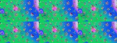 Sevimli çiçek raster deseni. Renkli Bahar Teması eskiz kalıbı. Yeşil ve mavi renkte çiçekler. Düz Çiçek Elementleri Tasarımı.