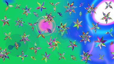 Raster illüstrasyonundaki çiçek desenli çizim. Renkli Bahar Teması eskiz kalıbı. Yeşil ve mavi renkte çiçekler. Düz Çiçek Elementleri Tasarımı.