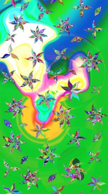 Yeşil ve mavi renkte çiçekler. Çiçekli eskiz deseni. Suluboya çizimi. El çizimi.