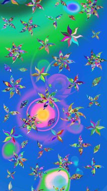 Çok mavi ve yeşil zarif küçük çiçekler ve mavi ve yeşil renkli komik böcekler, raster desen, illüstrasyon.