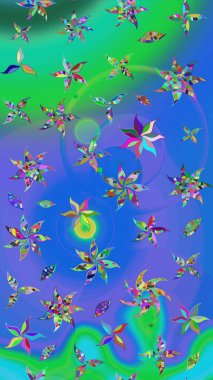 Raster illüstrasyonu. Renkli Bahar Teması eskiz kalıbı. Çiçek desenli çizim. Asya tekstil tarzında. Düz Çiçek Elementleri Tasarımı. Mavi ve yeşil renkte çiçekler.