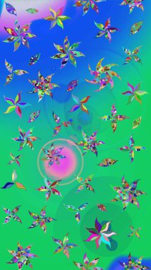 Bahar mevsimi. Yeşil ve mavi renkte çiçekler. Raster güzel bir çiçek deseni çizmiş. Nazik romantik baskı. Tatil havası..