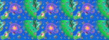 Renkli Bahar Teması eskiz kalıbı. Düz Çiçek Elementleri Tasarımı. Raster illüstrasyonundaki çiçek desenli çizim. Mavi ve yeşil renkte çiçekler.