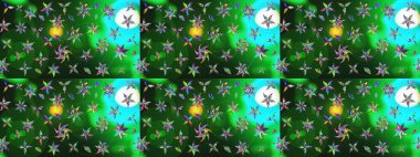 Yeşil ve mavi renkte çiçekler. Hediye ambalaj kağıdı, tebrik kartları, posterler ve pankart tasarımı. Raster düz çiçek çizim deseni.