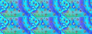 Yumuşak, bahar çiçekleri mavi ve yeşil renklerde. Raster illüstrasyonu. Raster çiçekleri klasik tarzda çizilmiş. Çiçekli yumuşak çizim deseni.