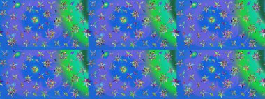 Suluboya elle çizilmiş çiçek desenli eskiz deseni. Parlak renkli fantezi çiçekleri, yapraklar, mavi ve yeşil renkli tomurcuklar.