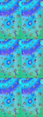 Çiçekli yumuşak bir eskiz şekli. Yumuşak, bahar çiçekleri mavi ve yeşil renklerde. Raster çiçekleri klasik tarzda çizilmiş. Raster illüstrasyonu.