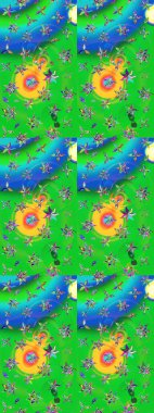 Raster illüstrasyonu. Çiçek duvar kâğıdı. Yeşil ve mavi renkli şirin tekstil tarzında. Çiçek arkaplan. Renkli çizim deseni.