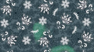 El çizimi çiçek unsurları olan soyut çizim raster deseni. Çiçekli ipek eşarp. Retro tekstil tasarım koleksiyonu. 1950-1960 motifleri. Yeşil ve mavi, yeşil ve mavi.