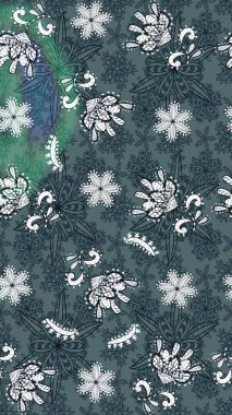 Raster illüstrasyonu. Çiçekli karalama şeklinde Raster çiçek deseni. Yeşil ve mavi renklerde bahar çiçekleri..