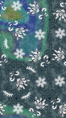 Hediye ambalaj kağıdı, tebrik kartları, posterler ve pankart tasarımı. Raster düz çiçek çizim deseni. Yeşil ve mavi renkte çiçekler.