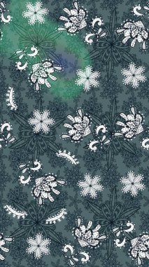 Düz Çiçek Elementleri Tasarımı. Renkli Bahar Teması eskiz kalıbı. Raster illüstrasyonundaki çiçek desenli çizim. Yeşil ve mavi renkte çiçekler.