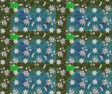 Raster illüstrasyonu. Çiçek buketleriyle klasik bir eskiz şekli. Yeşil ve mavi renklerde.