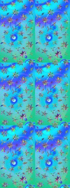 Mavi ve yeşil renkli çiçekler. Raster illüstrasyonundaki çiçek desenli çizim. Renkli Yaz Temalı eskiz kalıbı. Düz Çiçek Elementleri Tasarımı.