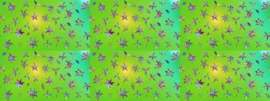Raster illüstrasyonundaki çiçek desenli çizim. Çiçekler suluboya tarzında yeşil ve sarı renkte.