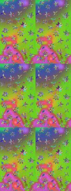 Yeşil ve mor renkli çiçekler. Çiçek süslemeli çizim deseni. Raster illüstrasyonu.