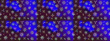 Patlayan çiçekler soyut olarak yerleştirilmiş. Yumuşak, bahar çiçekleri kahverengi ve mavi renklerde. Raster illüstrasyonu. Raster deseni.