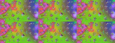 Renkli Yaz Temalı eskiz kalıbı. Raster Illustrasyon 'daki Çiçek Deseni' nin son moda çizimi. Yeşil ve mor renkli çiçekler. Düz Çiçek Elementleri Tasarımı.