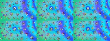 Küçük çiçekteki sevimli çiçek deseni. Varicoloblue ve yeşil raster çizimi. Birçok mavi ve yeşil soyut çiçekli tropikal çizim deseni.