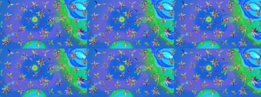 Tekstil, kumaş, ambalaj, hatıra defteri için hoş bir çiçek arkaplanı. Çocuksu tasarım. Mavi ve mor arka planda. Elle çizilmiş karalama çiçekleri ile Raster çizim deseni.