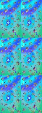 Dallı bahar çiçekleri ile desen, mavi ve yeşil renkler ile çiçek silueti. Raster deseni.