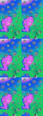 Yumuşak, bahar çiçekleri mavi ve yeşil renklerde. Raster illüstrasyonu. Yaprak ve çiçeklerin suluboya resmi, mavi ve yeşil renkler üzerine çizim şekli.