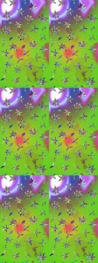 Renkli Bahar Teması eskiz kalıbı. Yeşil ve mor renkli çiçekler. Çiçek desenli eskiz. Düz Çiçek Elementleri Tasarım Raster illüstrasyonu.