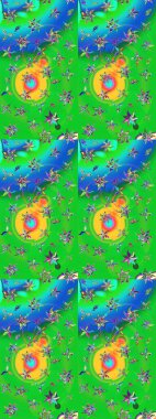 Raster düz çiçek çizim deseni. Hediye ambalaj kağıdı, tebrik kartları, posterler ve pankart tasarımı. Yeşil ve mavi renkte çiçekler.