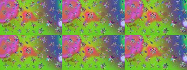 Raster illüstrasyonu. Yumuşak, yeşil ve mor renkte bahar çiçekleri. Raster çiçekleri klasik tarzda çizilmiş. Çiçekli yumuşak çizim deseni.