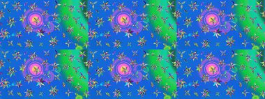 Sevimli çiçek raster deseni. Mavi ve yeşil renkli çiçekler. Düz Çiçek Elementleri Tasarımı. Renkli Bahar Teması çizim şablonu.