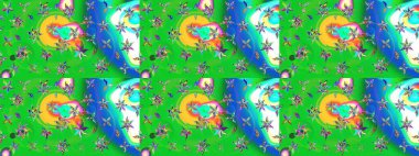 Çiçek desenli çizim. Yeşil ve mavi renkte çiçekler. Raster illüstrasyonu. Raster illüstrasyonu. Asya tekstil tarzında.