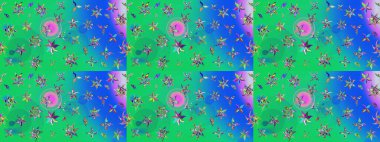 Yeşil ve mavi renklerde. Raster illüstrasyonu. Çiçek buketleriyle klasik tarzda eskiz deseni.