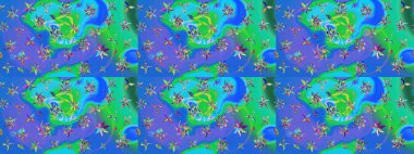 Mavi ve yeşil renkli çiçekler. Düz Çiçek Elementleri Tasarımı. Renkli Yaz Temalı eskiz kalıbı. Sevimli çiçek raster deseni.