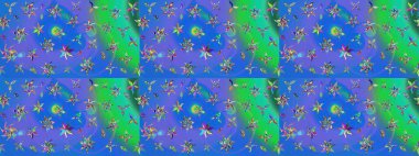 Raster illüstrasyonu. Yumuşak, bahar çiçekleri mavi ve yeşil renklerde. Çiçek ve yapraklı karalama şeklinde Raster çiçek deseni.